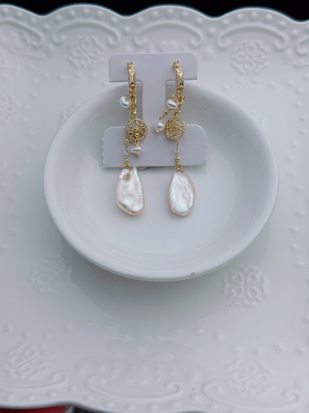 26E299 Handmade Freshwater Baroque Pearl Dangling Earrings Flower Petal Pearl - Picture 4 of 10